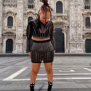 Black Sheer Two-Piece Set with Rhinestones